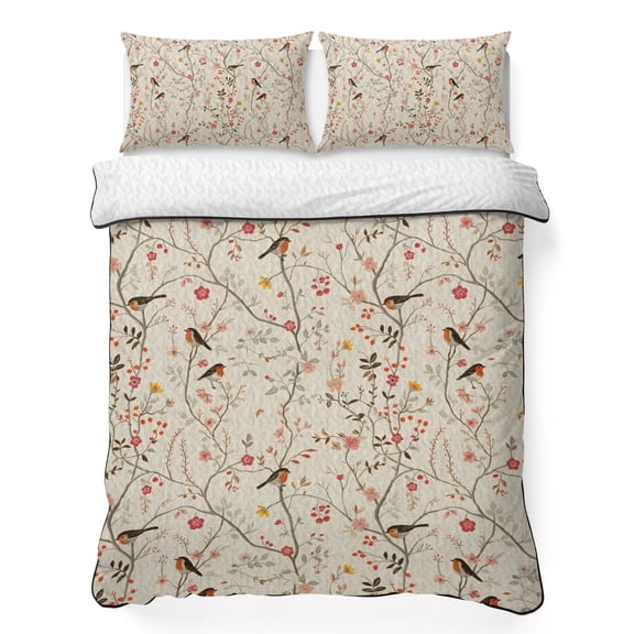 Twin XL Quilt Set 68''x98'', Flowers Birds Lightweight Bedspread Coverlet Set with 2 Pillow Shams, Country Retro Botanical Floral Branches Breathable All Season Quilt Bedding for Dorm/Guest Room