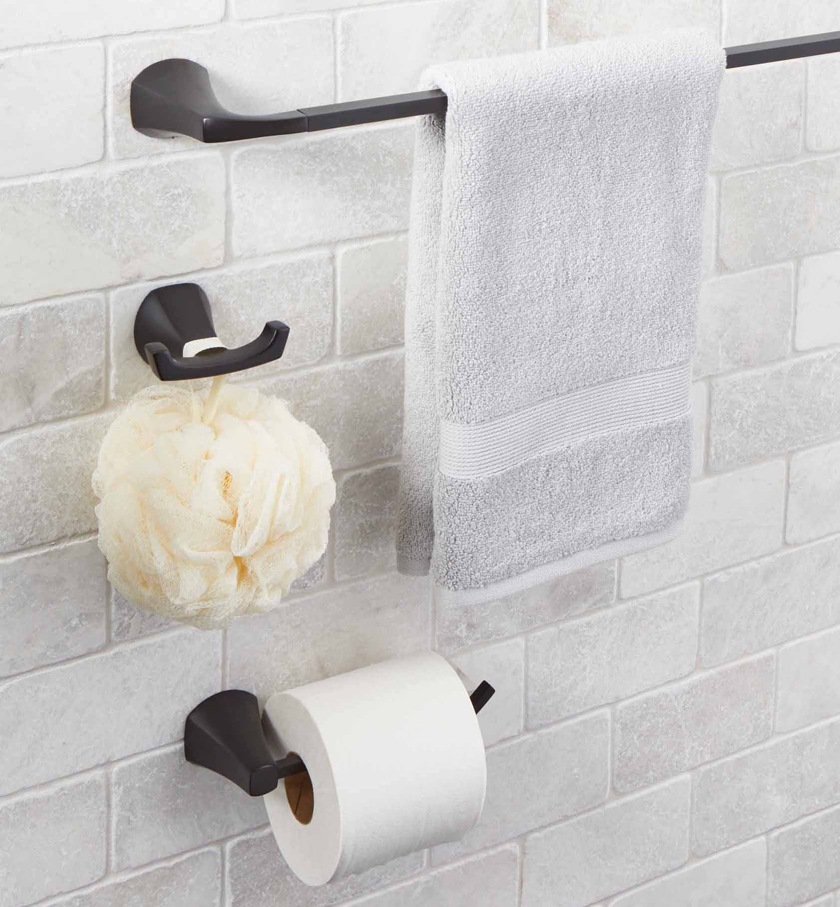 Better Homes & Gardens Simple Flare 3 Pieces Bath Hardware Set in Matte Black Towel Bar, Toilet Paper Holder, Robe Hook Included, Wall Mounted