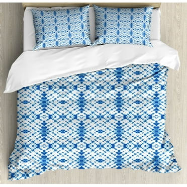 Ethnic King Size Duvet Cover Set, Hippie Design Inspired by Asian Culture Grunge Folk and Geometric Motif, Decorative 3 Piece Bedding Set with 2 Pillow Shams, Navy Blue and White, by Ambesonne