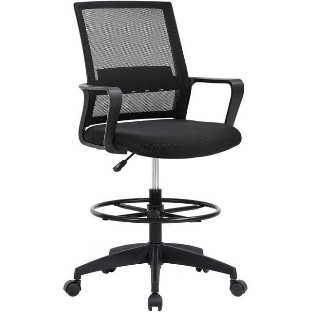 BestOffice Drafting Chair Tall Adjustable Height Standing, Lumbar Support Arms Footrest Mid Back Swivel Rolling Mesh for Adults Drafting Stool, Black