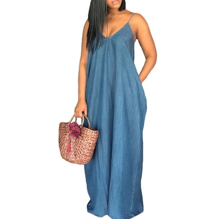 Womens Sexy V Neck Spaghetti Strap Loose Long Maxi Dress Sundress