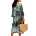 thumbnail image 2 of COEQINE Midi Dress for Women 3/4 Sleeve Wrap V-Neck, Loose Fit Boho 2026 Shift Dress Beach Cover Up with Linen Look, Machine Washable, Size M, Ink Pine Tree Mountain, 2 of 6