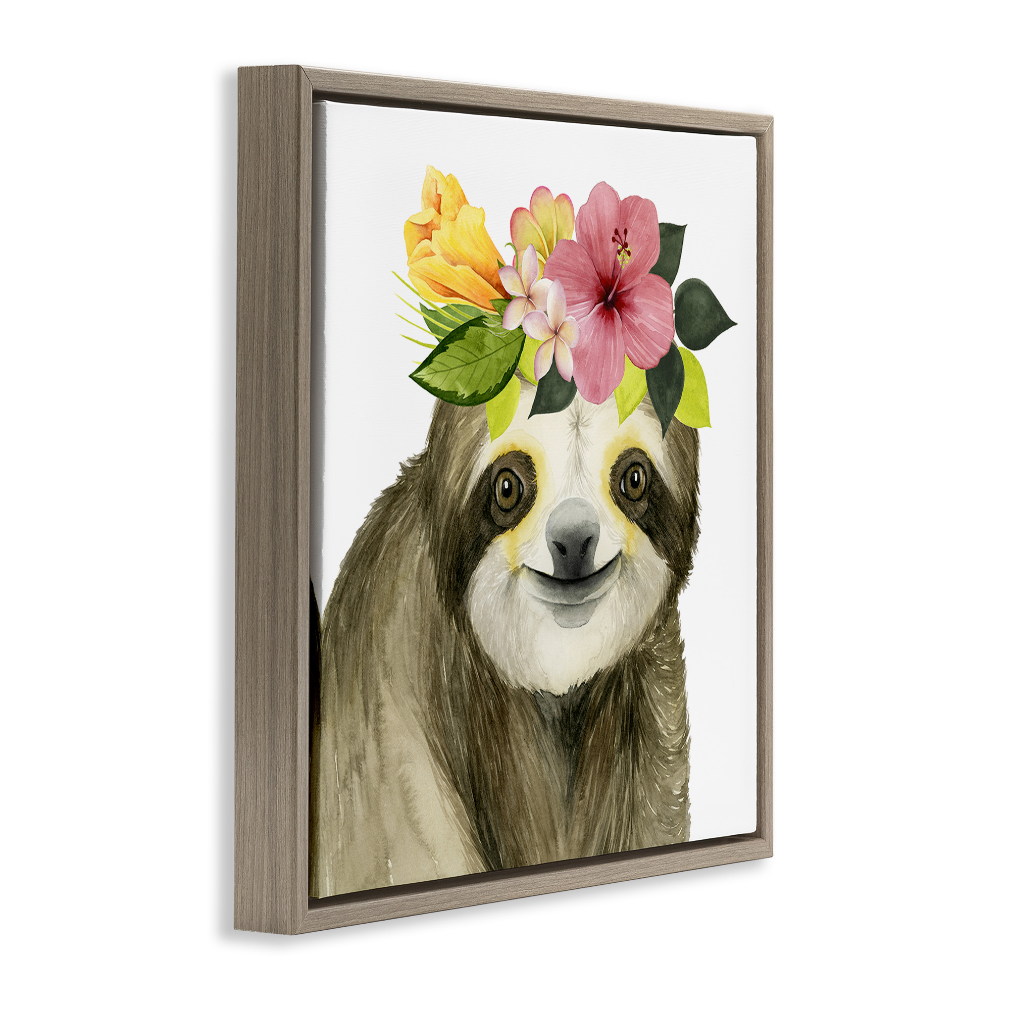Stupell Industries Smiling Sloth in Flower Crown Animals & Insects Painting Brown Floater Framed Canvas Art Print Wall Art, 25 x 25