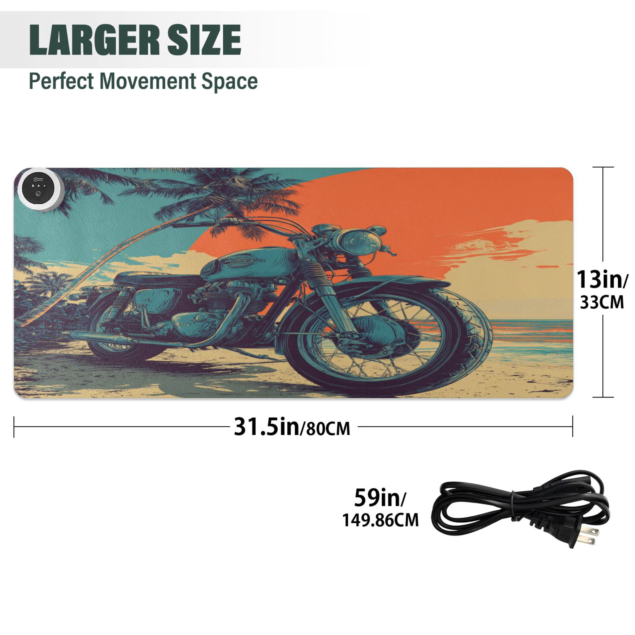 Large Heated Desk Mat Mouse Pad 31.5"x13"PU Leather Graphene Heating Desk Warmer with 3 Temperature Settings 110V US Plug Non-Slip Warm Pad for Home, Office, and Gaming Retro Bike Tropical Sunset