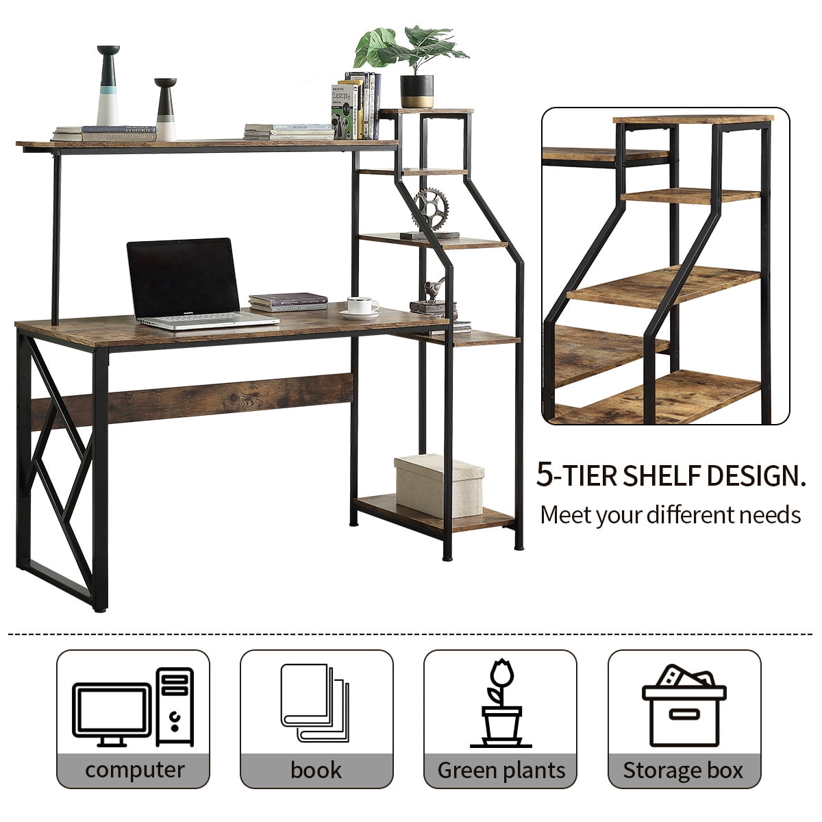 Computer Desk with 5 Tier Storage Shelves, SEGMART Modern Writing Desk with  Hutch & Sturdy X-Shape Metal Frame, Office Desk with 4 Tier Open  Bookshelves, Work Desks for Home Office Bedroom, Black 