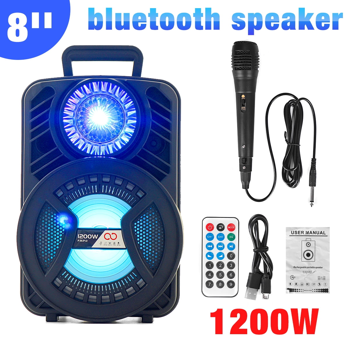 Bestgoods 8 Inch Portable LED Pull Rod Speaker Party Bluetooth Loundspeaker 1200W Portable Karaoke System,with Flashing DJ Lights PA Radio/USB/Mini TF Card/1800mAh Rechargeable - Walmart.com