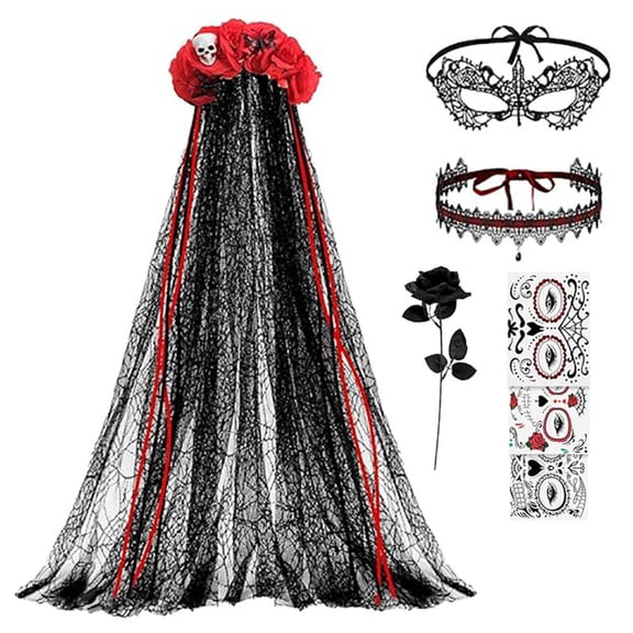 YuYoulan Party Styling Bridal Costume Set with Lace Headpiece Half Mask Choker Face Stickers for Halloween Cosplay Looks
