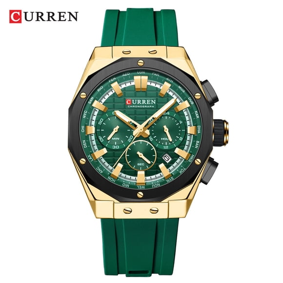 yeacher Curren 8464 Montre Analogique à Quartz pour Homme avec Affichage de la Date, Bracelet en Silicone Vert, Boîtier en Acier Inoxydable Noir, Étanche, Aiguilles Lumineuses