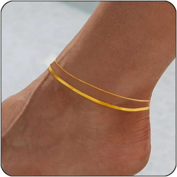 Gold Ankle Bracelets For Women Waterproof,18k Gold Plated Anklets Layered Thin Snake Chain Herringbone Anklets Non Tarnish Stainless Steel Dainty Summer Jewelry Set Gift For Women