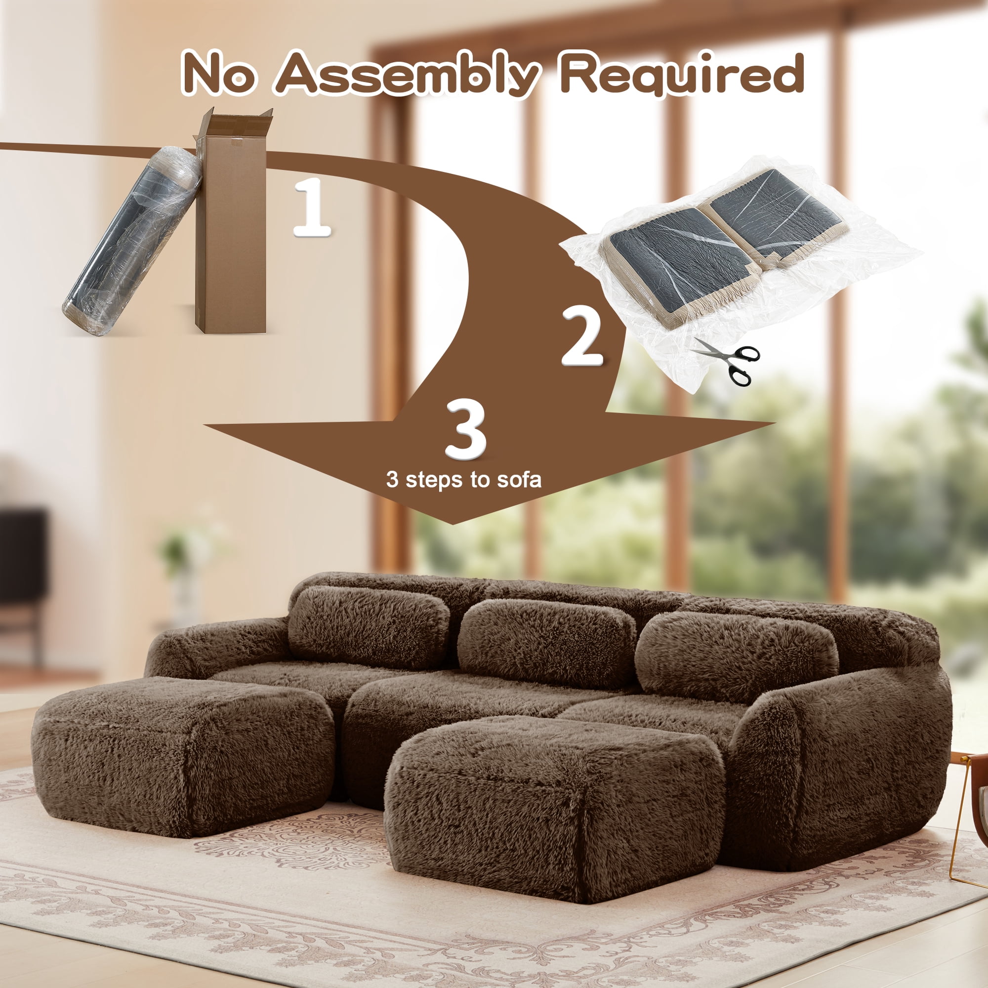 MAYEERTY 114.7" U-Shaped Plush Boneless Sofa, Chocolate 32D High Density Foam Deep Seat Vacuum Compression Modular Couch with Chaise for Bedroom Study Home Theater