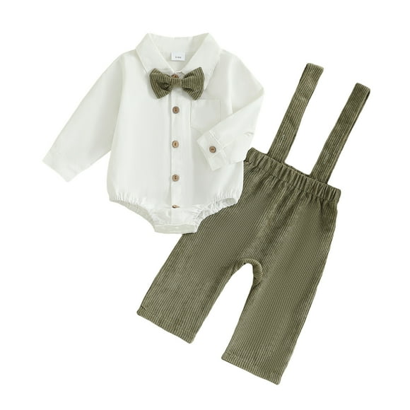 Splozh Ensemble de Vêtements pour Bébé Garçon, Tenue de Petit Gentleman pour Bébé Garçon, Nœud Papillon, Barboteuse à Manches Longues à Boutons, Salopette, Pantalon à Bavette, Ensemble de Costumes pour Mariage et Anniversaire, Vert, 3-6 Mois