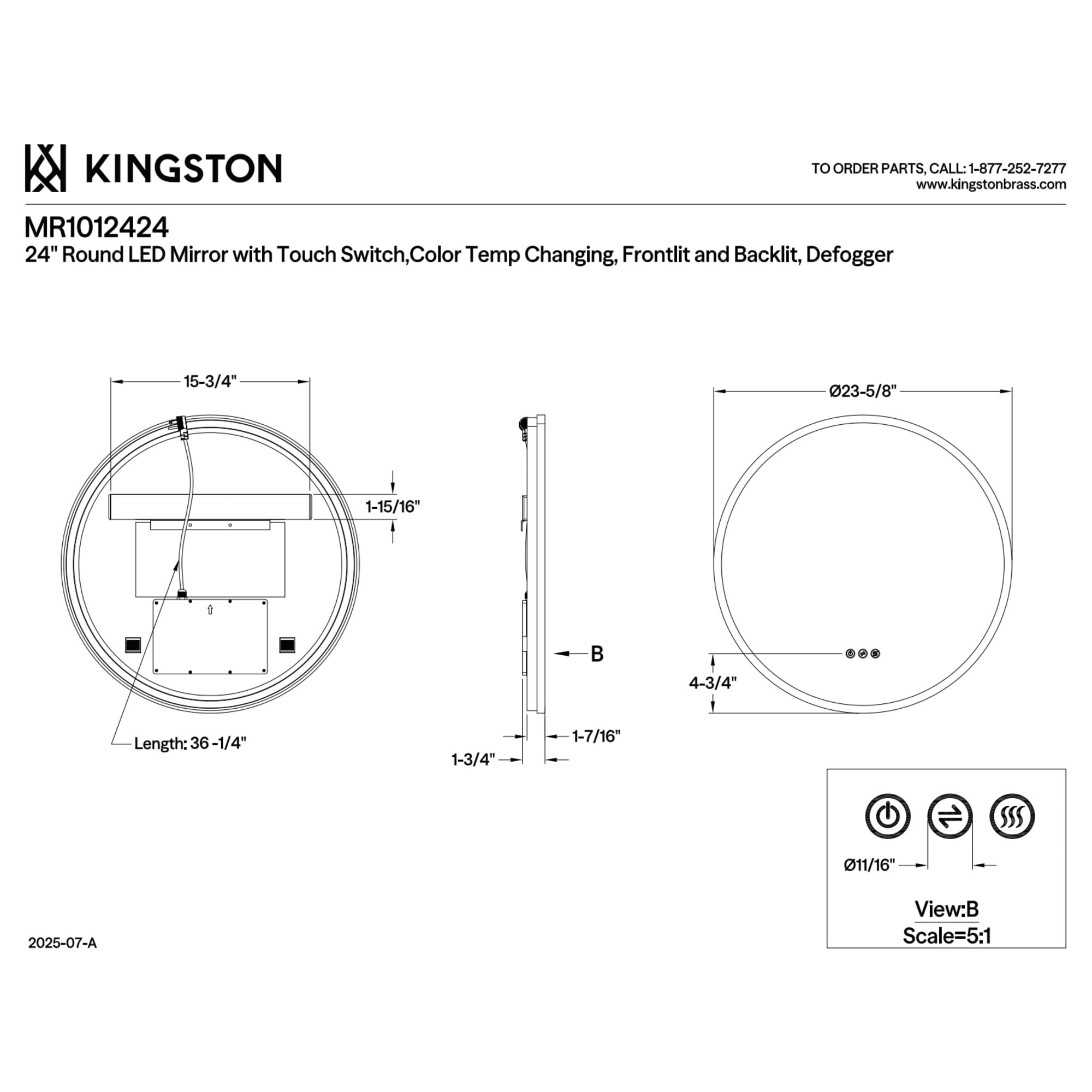 Kingston Brass MR1012424 Aurora 24-Inch Round LED Bathroom Mirror, Front and Back Light, Dimmable Touch Sensor Lighted Mirror in Silver/Gunmetal