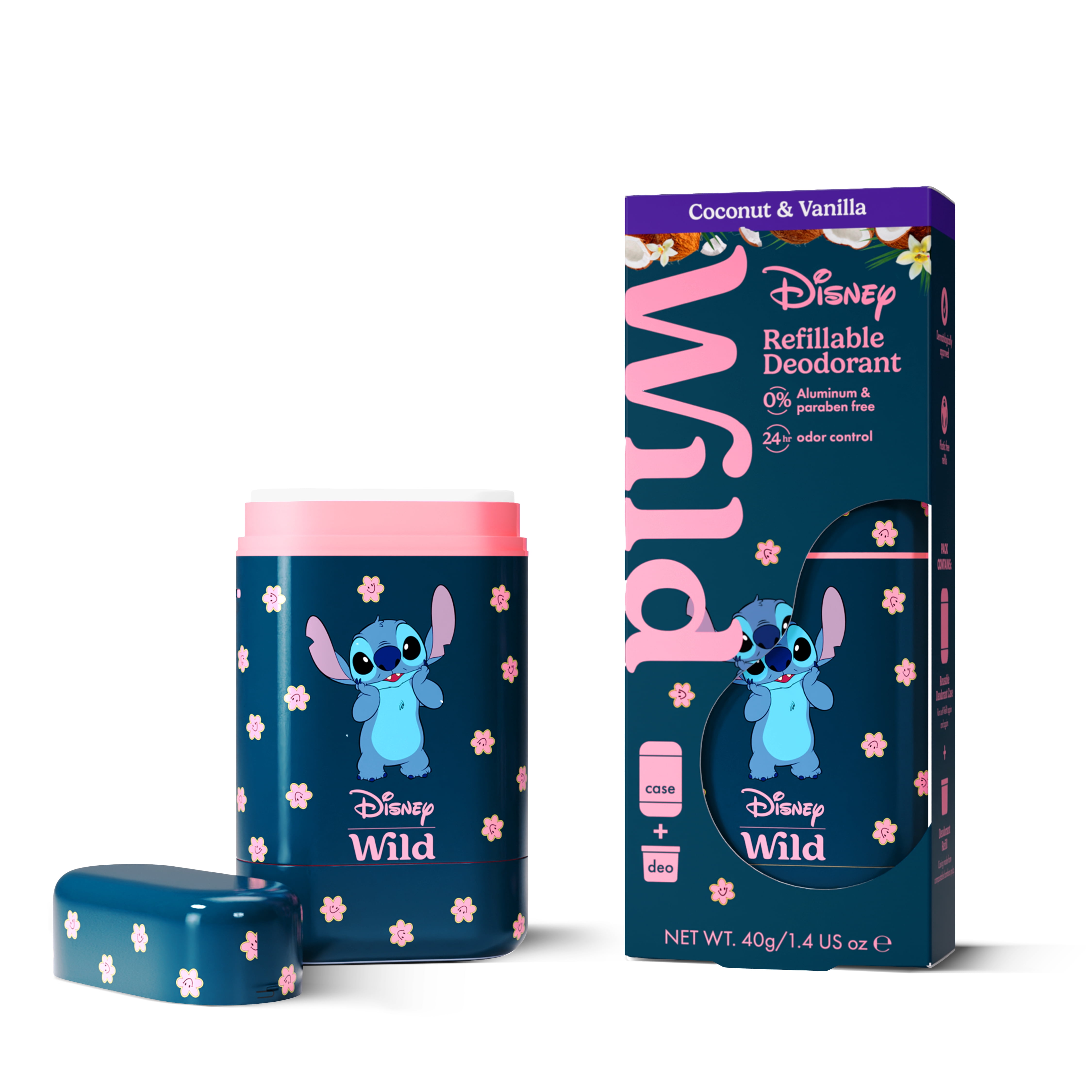 Wild Refillable Deodorant Starter Pack - Aluminum Free. Stitch Case + Coconut & Vanilla Refill, for Women and Men, 1.4oz
