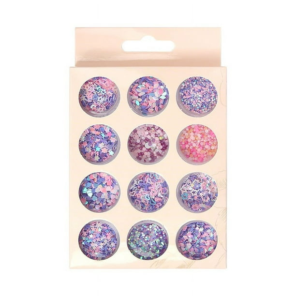 12 cajas de copos de lentejuelas holográficas de geometría redonda multicolor, herramienta de manicura de tamaño mixto, decoración 3D, purpurina para decoración de uñas