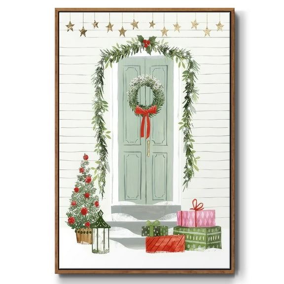 Festive Front Door I - Framed Gallery Wrapped Holiday Canvas - 17 x 25 - Rosewood Frame