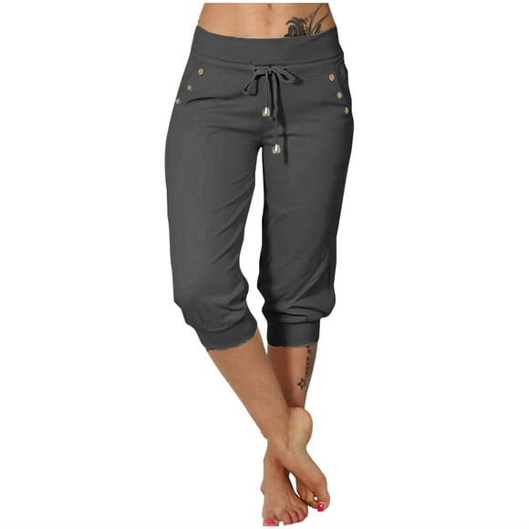 2025 Womens Casual Sport Yoga Casual Pants Women Plus Solid Pockets Elastic Belt Womens Paper Bag Pants Casual Waist Pants 3/4 Long Length