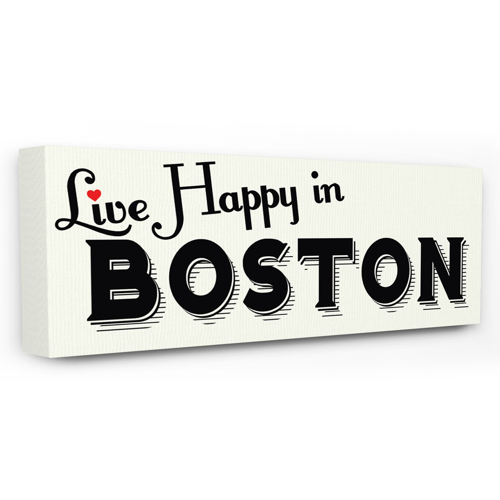 the stupell home decor collection live happy in boston red heart typography stretched canvas wall art, 10 x 1.5 x 24