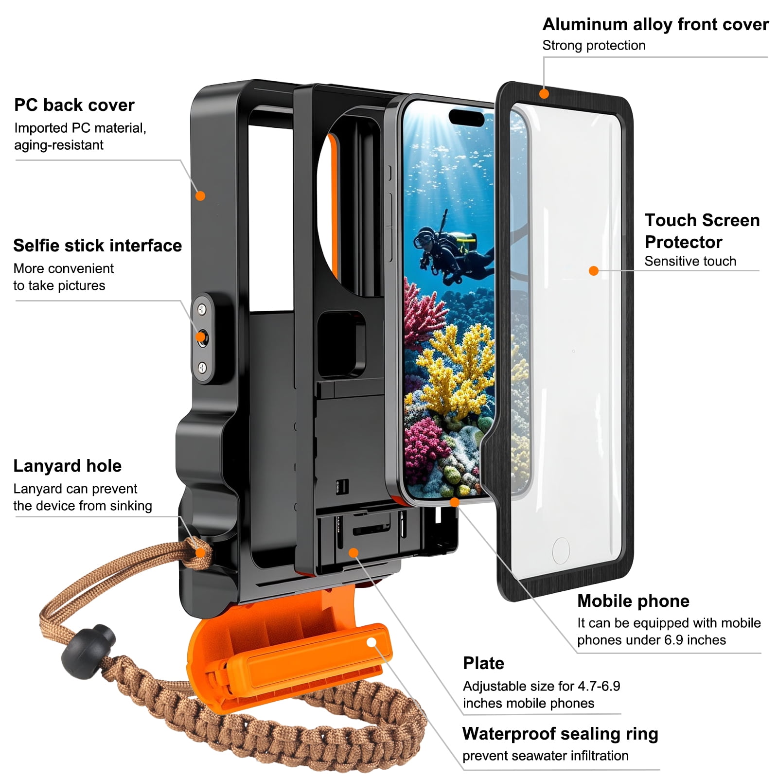 10m/33ft Universal IP68 Waterproof Diving Phone Case for iPhone 16/15/14/13/12/11 Pro Max/XS/Samsung S25/S24/S23/S22/S21 Ultra Snorkeling Touch Screen Scuba Housing Photo Video (Orange)