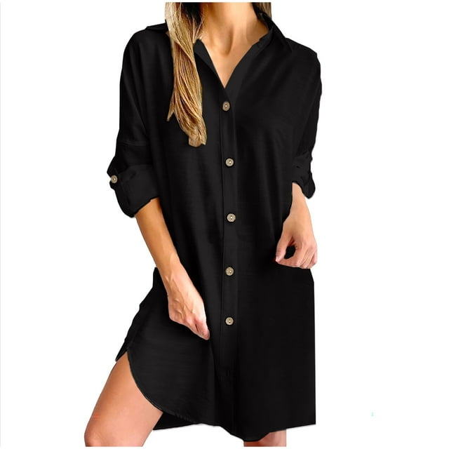 hotojiny Robe Chemise Boutonnée pour Femmes Coton Lin Manches Longues Roulées Tunique Robe Fente Latérale Couverture de Plage Blouse Hauts Robe d'Été