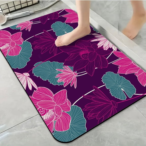 1pc Lotus Flowers on Dark Background Bathroom Rug Bathroom Decor and Accessories- Durable,Anti Slip,And Quick Drying,Suitable For Indoor/outdoor Use - Perfect For Bathrooms,Bedrooms,Kitchens