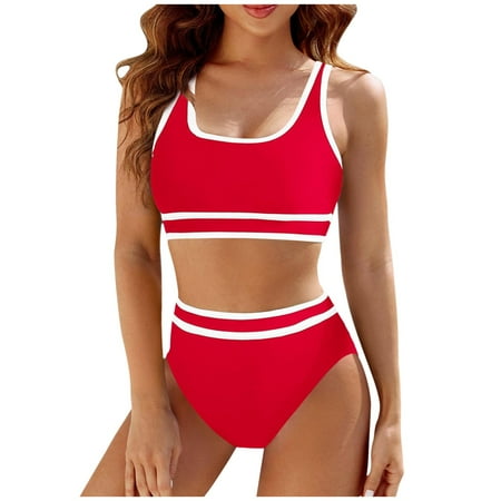 TOWED22 Women s High Waisted Bikini Sets Sporty Two Piece Swimsuits Color Block Cheeky High Cut Bathing SuitsRD1 L