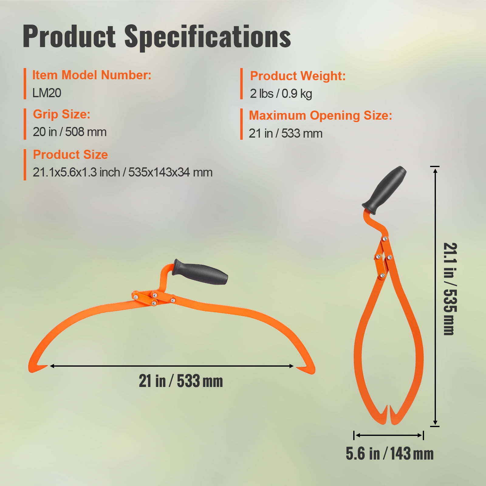 KFFKFF Log Tongs, Steel Hand Log Grapple with 110 lbs Loading Capacity, Log Lifting, Handling, Dragging & Carrying Tool,20 inch 2 Claw Logging Skidding Tongs Non-Slip Grip
