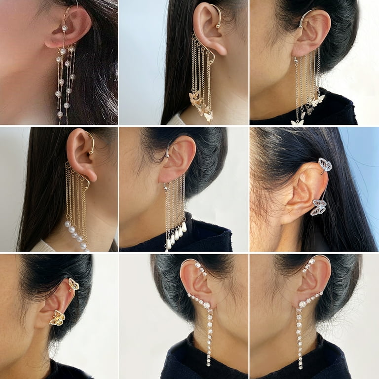  Ear Cuff Chain Earrings Sparkling Rhinestone Long