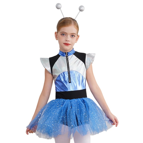 renvena Kids Girls Shiny Metallic Tutu Skirted Leotard Dress with Hair Hoop Blue 10