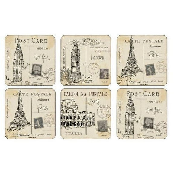 Pimpernel Postcard Sketches Square Coasters, Set Of 6 4.25"