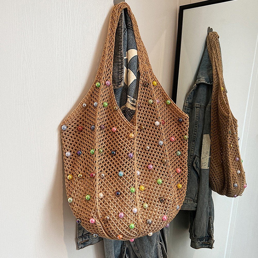 Jiibva Crochet Beach Bags Woven Travel Tote Boho Shoulder Bag Hollow Knitting Handbag Mesh Shoulder Bag Women Knitted Handbags for Holiday, Daily Work