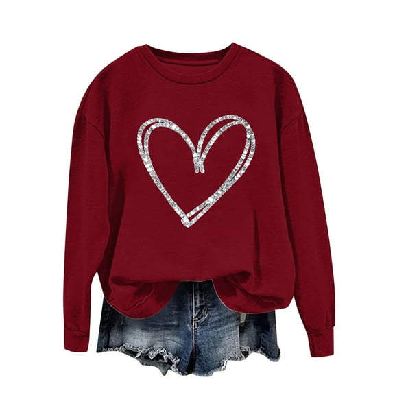 Felirenzacia Big and Tall Women’s Valentine Pullover Sweet Heart Design Cozy Casual Everyday Top, Wine,S