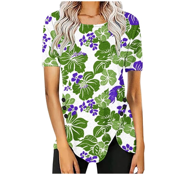 Blusas de Manga Corta para las Mujeres Botón Impreso Cuello Redondo Top Casual, Blusas para las Mujeres Casual