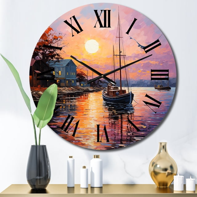 Designart "Port Portside euphony Pointillism" Port Landscape Oversized Wall Clock
