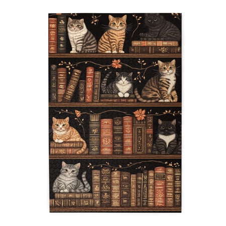 1000 pcs The cat on the bookshelf 1000 Piece Vibrant Jigsaw Puzzle Unique and Beautiful Design Vintage Style Animal Art Wooden Puzzles for Cat Lovers Gifts Stunning Artwork Stress relieving pleasure