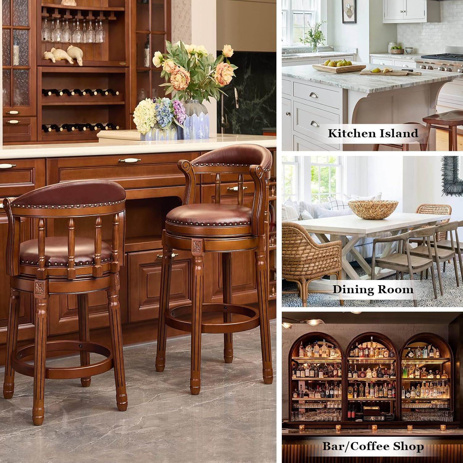 AULIFE Bar Stools Mid-Back Modern Swivel Barstools,Kitchen Counter Genuine Leather Upholstered Island Barstool with Footrest for Home Kitchen Dining Room