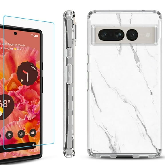 Shockproof Bumper Phone Case for Google Pixel 7 Pro, with Tempered Glass Screen Protector, by OneToughShield ® - Marble / White