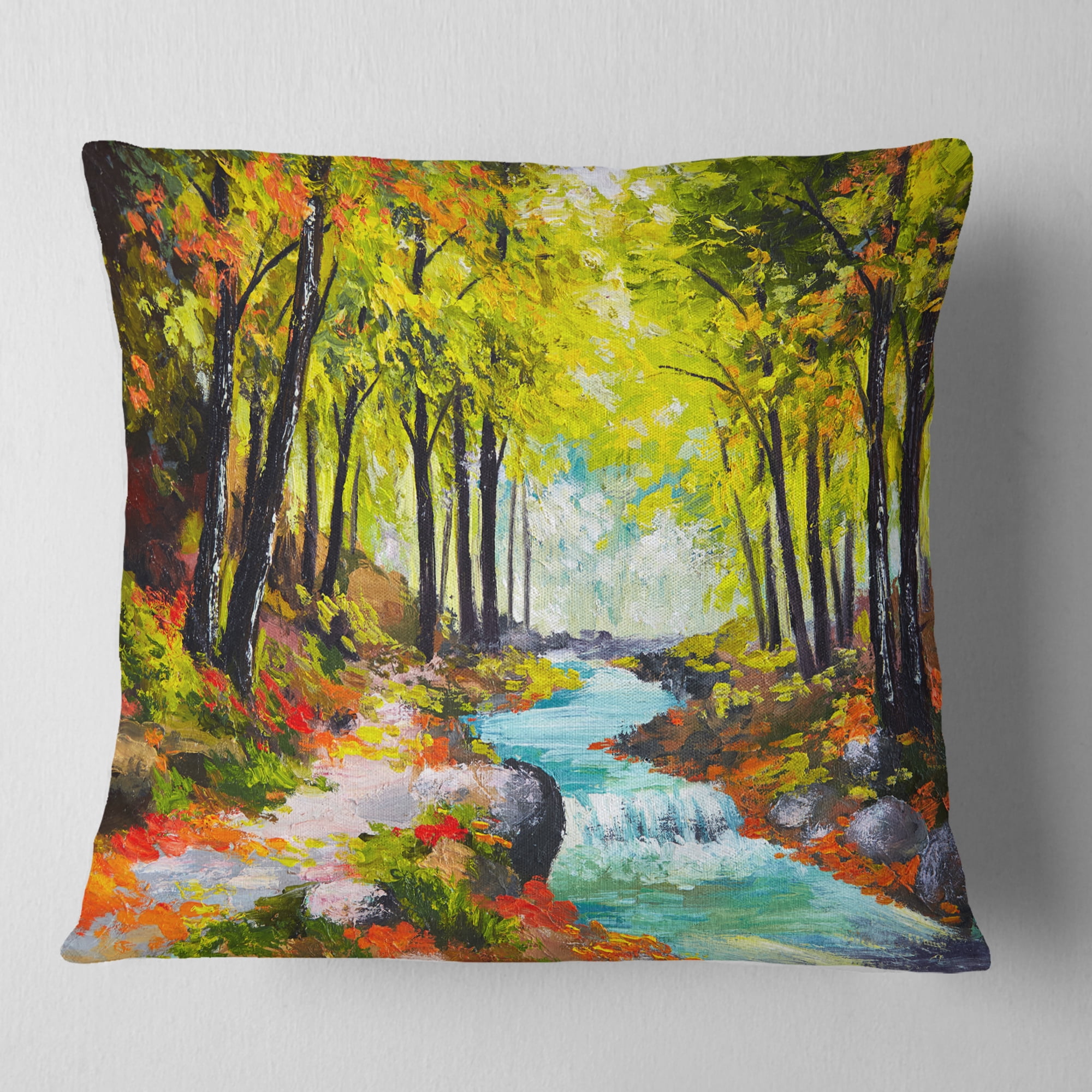 Designart River in Green Autumn Forest - Landscape Painting Throw Pillow - 16x16