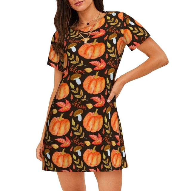 Vsdgher Chemise de Nuit à Manches Courtes pour Femmes à Motif de Citrouille d'Automne, Col Rond, Mignonne, à Volants, Confortable