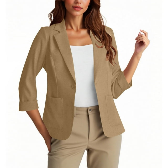 HongQid Blazer Décontracté pour Femmes à un Bouton devant, Manches 3/4 Froncées, Col Cranté, Léger pour Bureau avec Poches