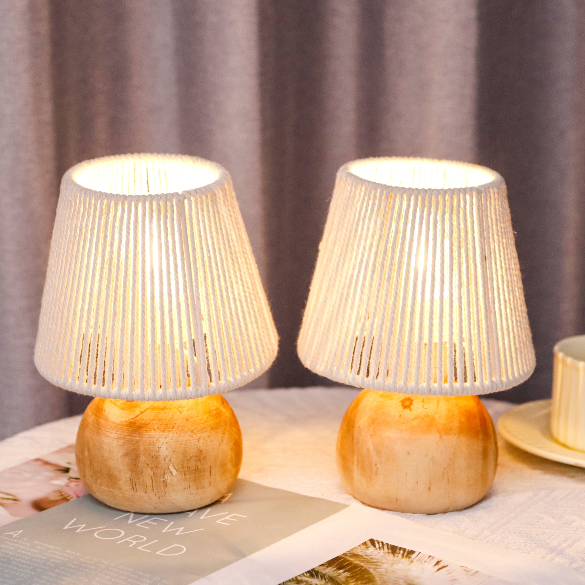 Set of 2 Woven Cotton Rope Table Lamp - 8'' Tall Cordless Battery Powered Lamps with Wooden Base