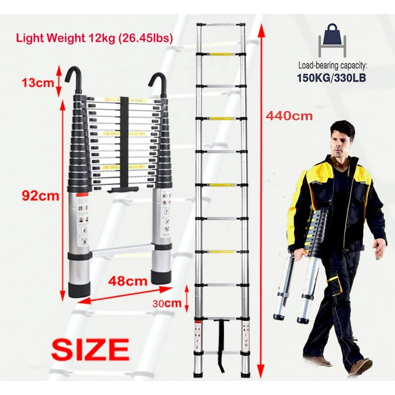 Aluminum Telescopic Ladder, Multi-Purpose Telescopic Ladder, Collapsible  Ladder Extension,Max Extension Reach 17 ft with Two Wheels,Rated Load 300  Lbs