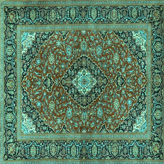 Ahgly Company Machine Washable Indoor Square Persian Turquoise Blue Traditional Area Rugs, 8' Square