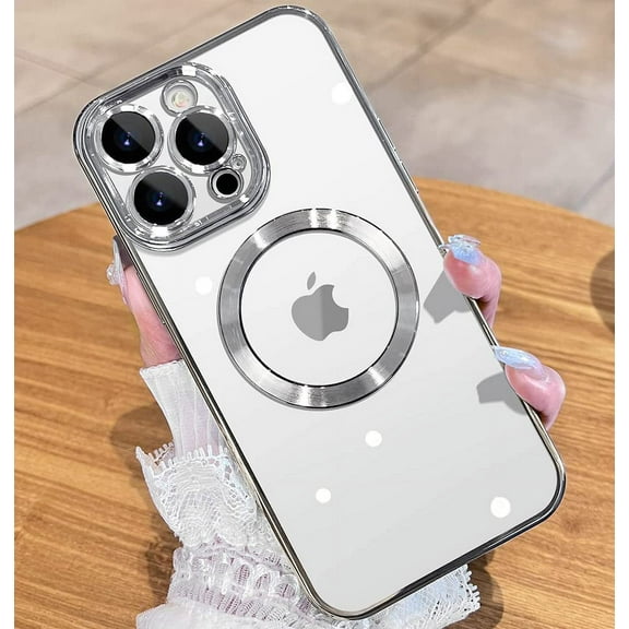 Magnetic Matallic Glossy Clear for iPhone 13 Pro Case with Full Camera Cover Protection [No.1 Strong N52 Magnets] [Military Grade Drop Protection] for Women Girls Phone Case (6.1")-Silver