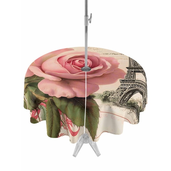 Outdoor Tablecloth with Umbrella Hole Zipper Pink Spring Floral Round Tablecloth 54" Waterproof Outside Table Cloth Vintage Rose Flower Retro Patio Table Cover Tablecloths for Picnic Party