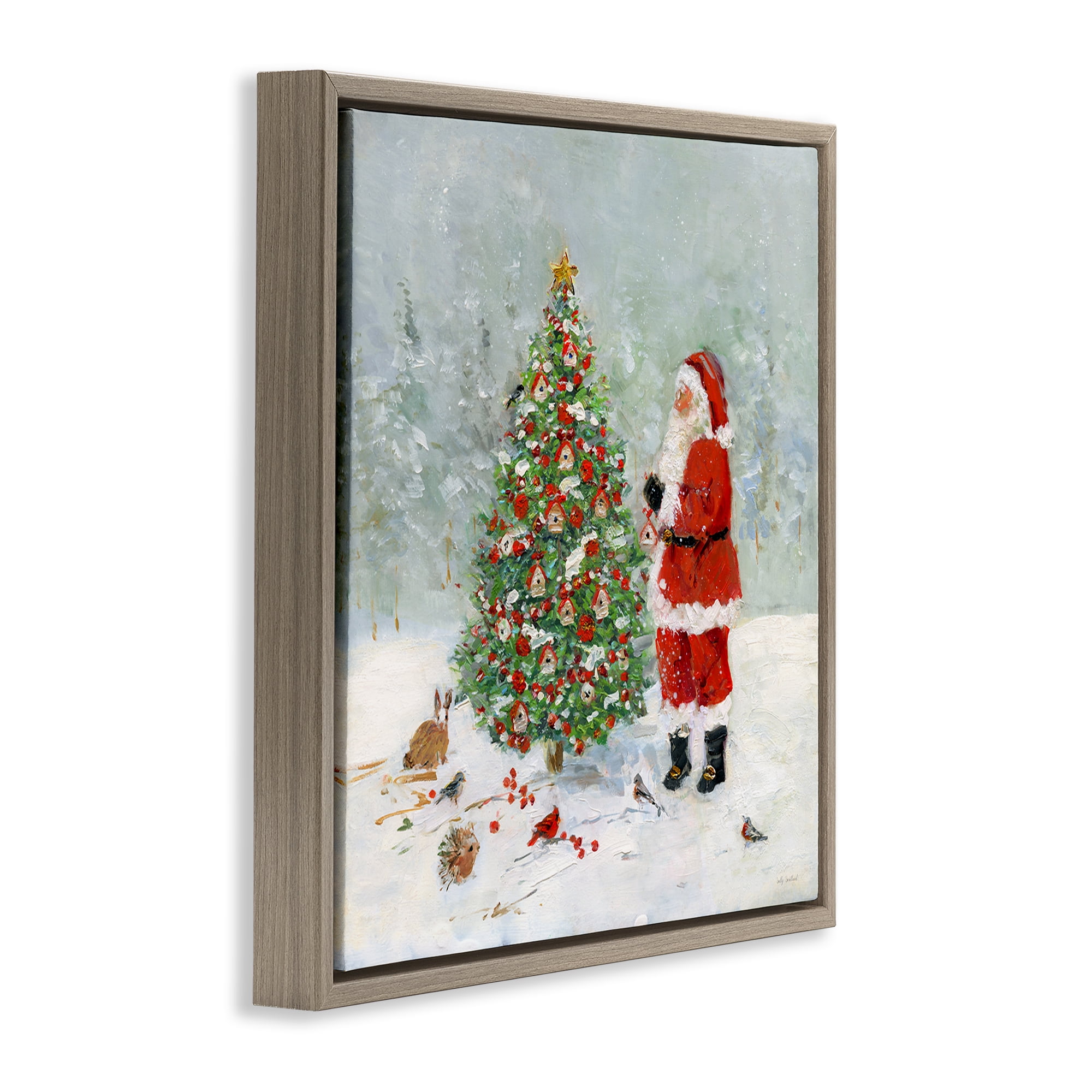 Stupell Industries Santa with Birdhouse Tree Holiday Painting Brown Floater Framed Canvas Art Prints Wall Art, 25 x 25