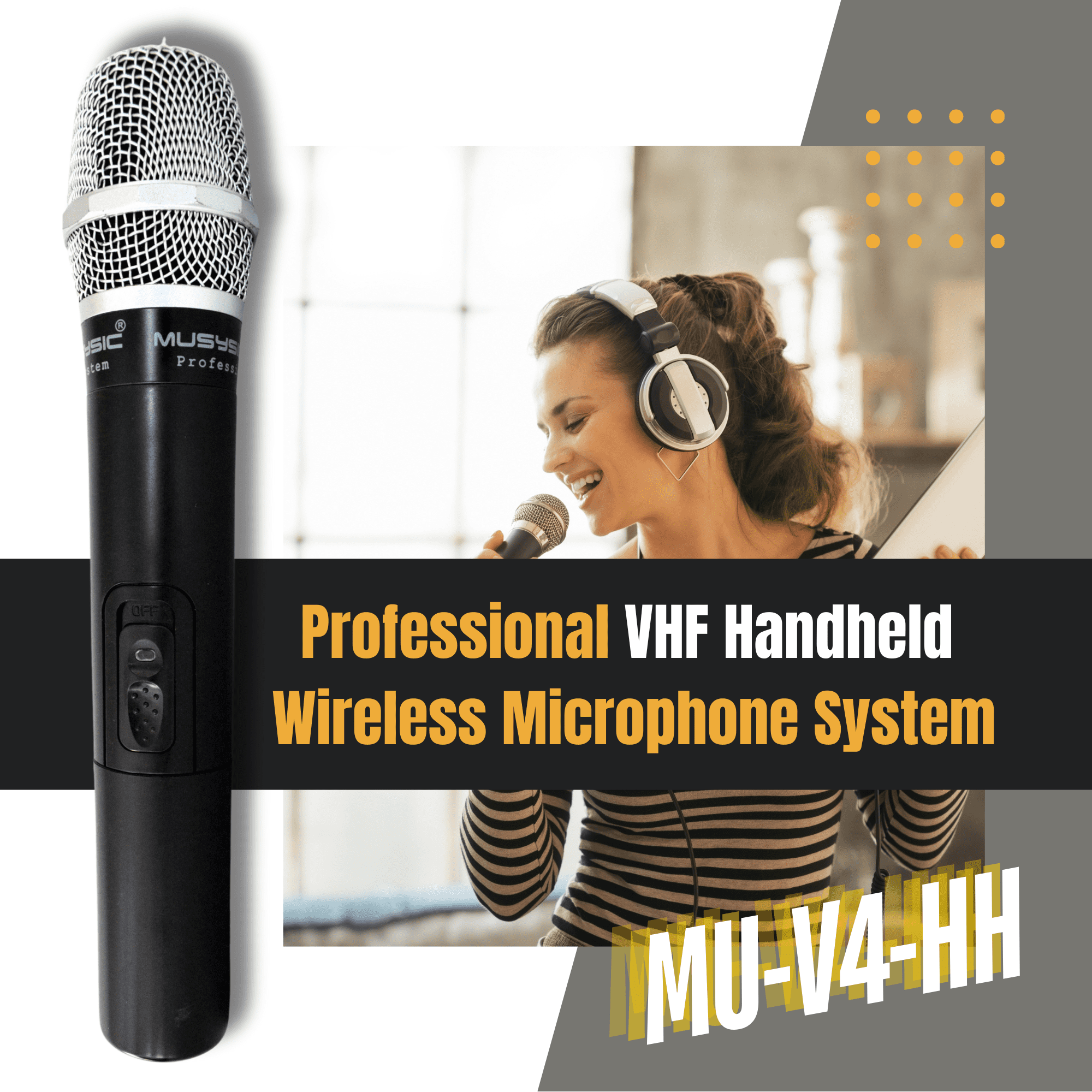 MUSYSIC MU‑V4‑HL Professional 4‑Channel VHF Wireless Microphone System – 2 Handheld + 2 Lavalier/Headset Mics, Long‑Range, Individual Volume Control, Rackmount Receiver