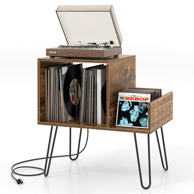 Gymax Support pour Tourne-Disque, Support de Plateau Tournant avec Station de Recharge Intégrée, Pattes en Métal, Brun Rustique