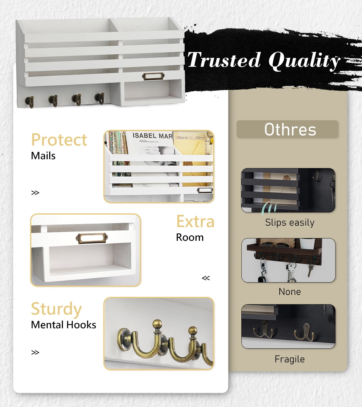 Key Holder for Wall,Dinosam Double Mail Organizer Wall Mount with Store Shelf and 4 Sturdy Hooks,Hanging Key Rack Hanger for Entryway, Hallway, Bedroom, Living Room and Office,White
