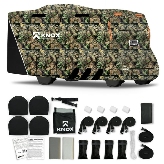 KNOX 3rd Gen Camouflage Class C RV Cover, Anti-Tear 600D Oxford Fabric, Fits Travel Trailer, RV, or Motorhome - Camper Cover Includes Wheel, Ladder & Gutter Covers, Night Glow Logo, Size 29-32 ft