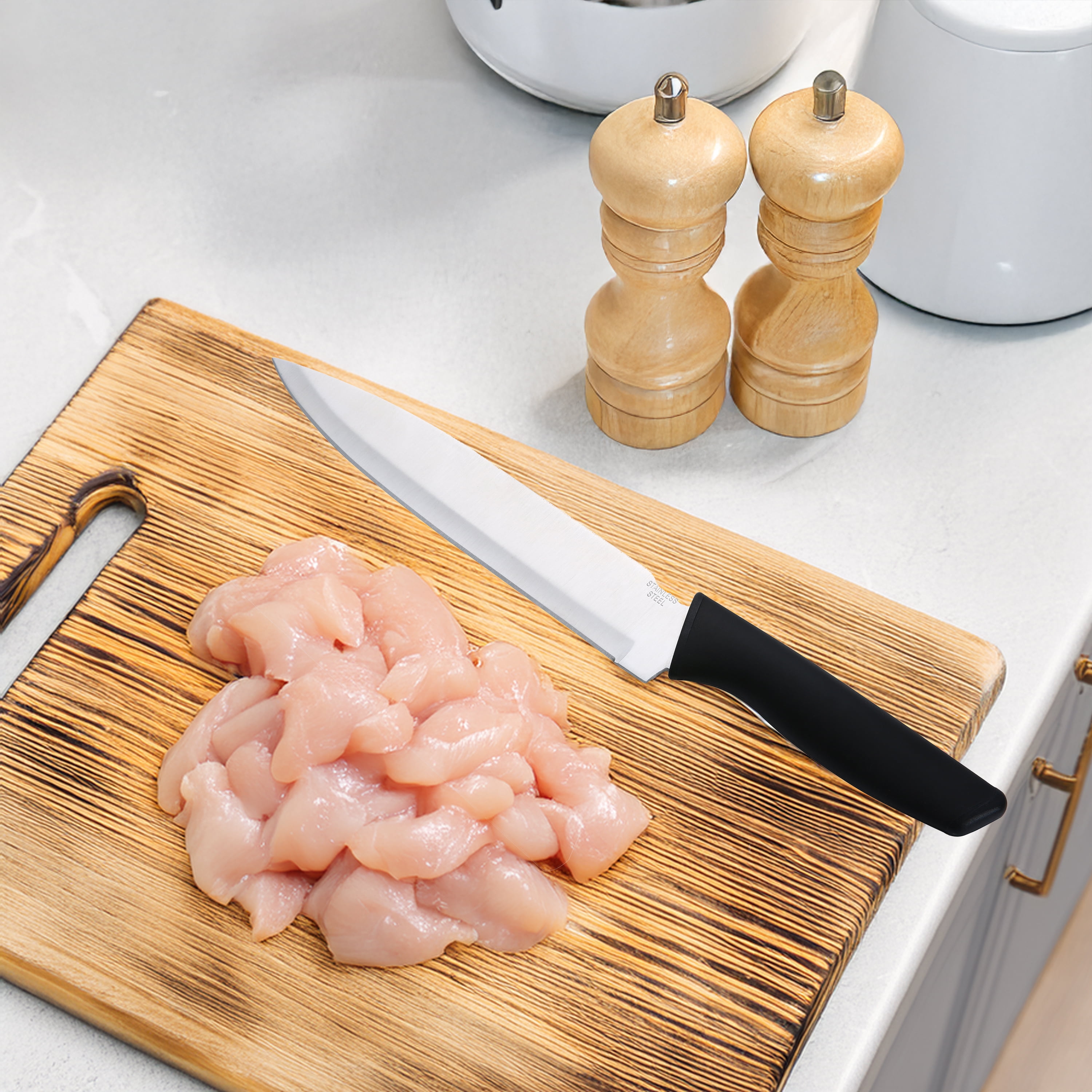 Mainstays 8 in Stainless Steel Chef Knife with Soft-Grip Handle, Black